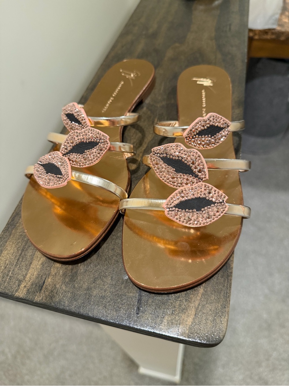Giuseppe Zanotti Rose Gold Lip-Embellished Slide Sandals